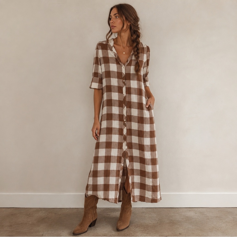 Faherty - Cottagecore Brown Gingham Long Shirt Dress XS
